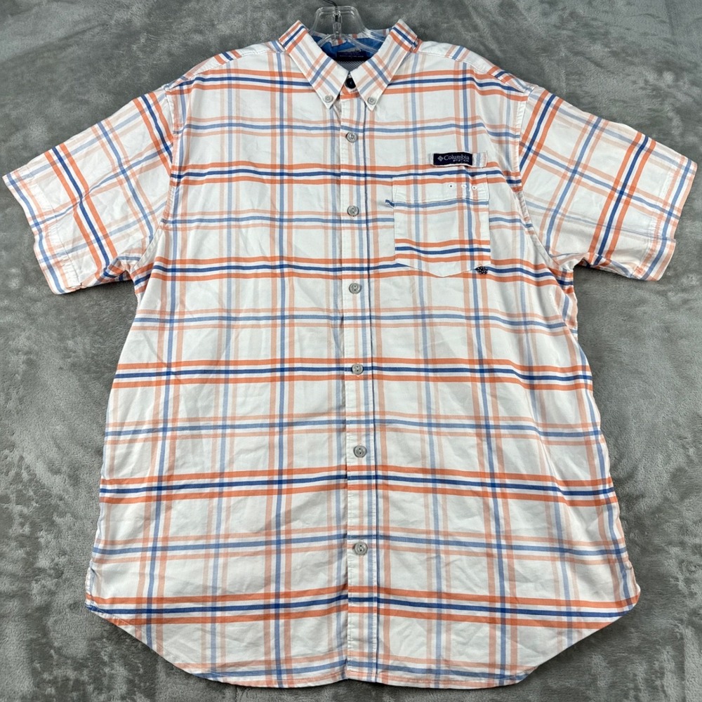Columbia Shirt Mens L PFG Regular White Orange Blue Plaid Vented EUC
